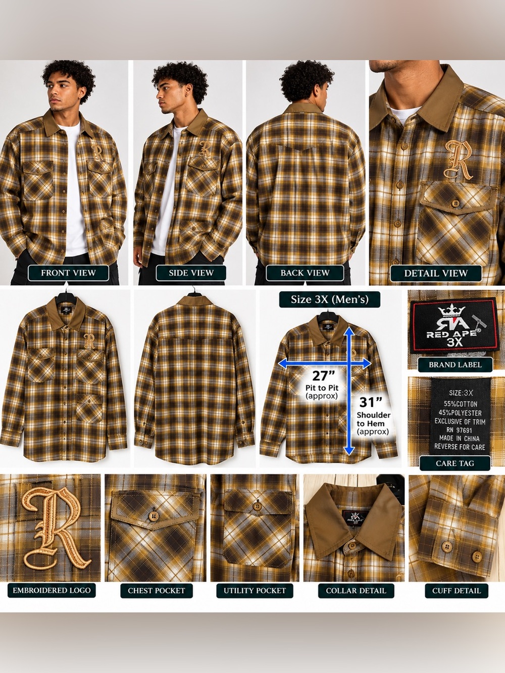 Red Ape Men’s 3X Plaid Utility Shirt Brown Embroidered Logo Button Up NWOT